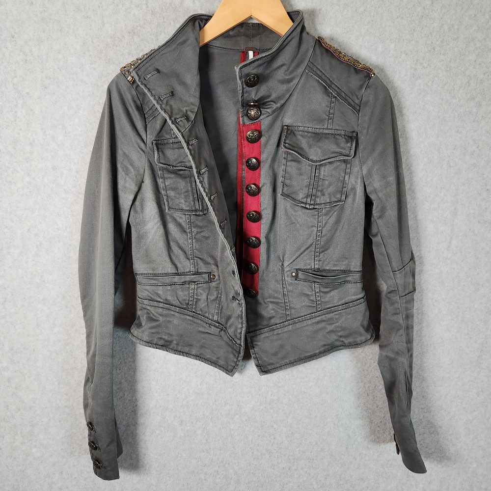 Free People XS Shrunken Officer Fitted Military Blazer Jacket Gray Button Up